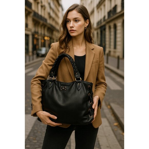 Michael Kors Black Leather Braided Handle Tote Satchel Whipstitch Grommet Large - Picture 16 of 16